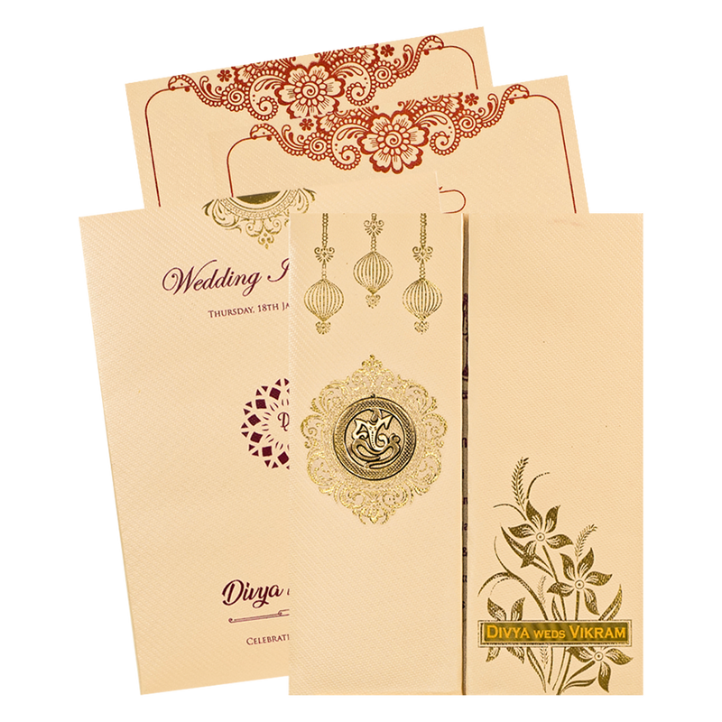 Cream Double Door Floral Padded Wedding Card-KNPM9532P