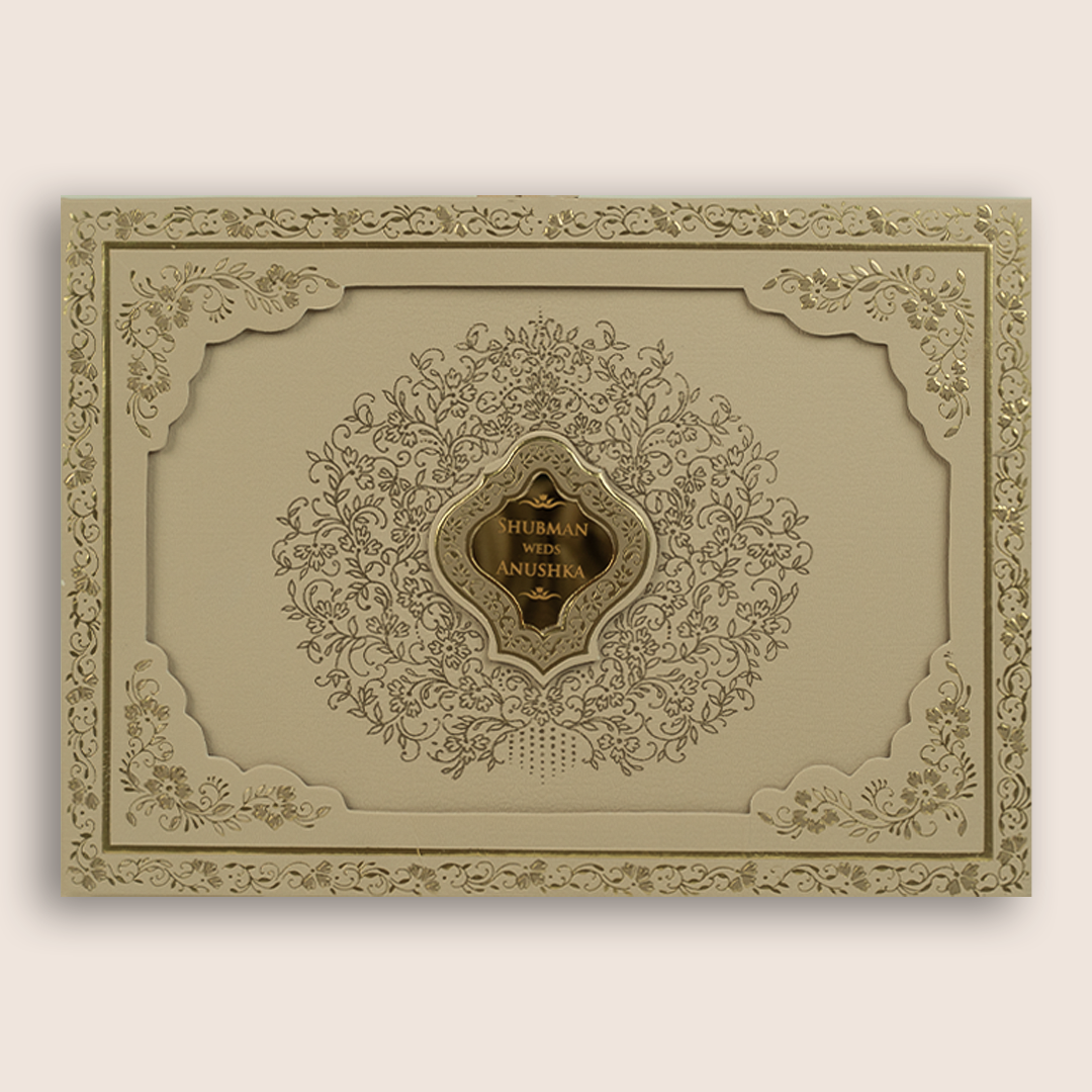 Beige Floral Laser Cut Padded Wedding Invitation - KRB10481