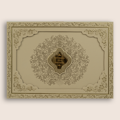 Beige Floral Laser Cut Padded Wedding Invitation - KRB10481