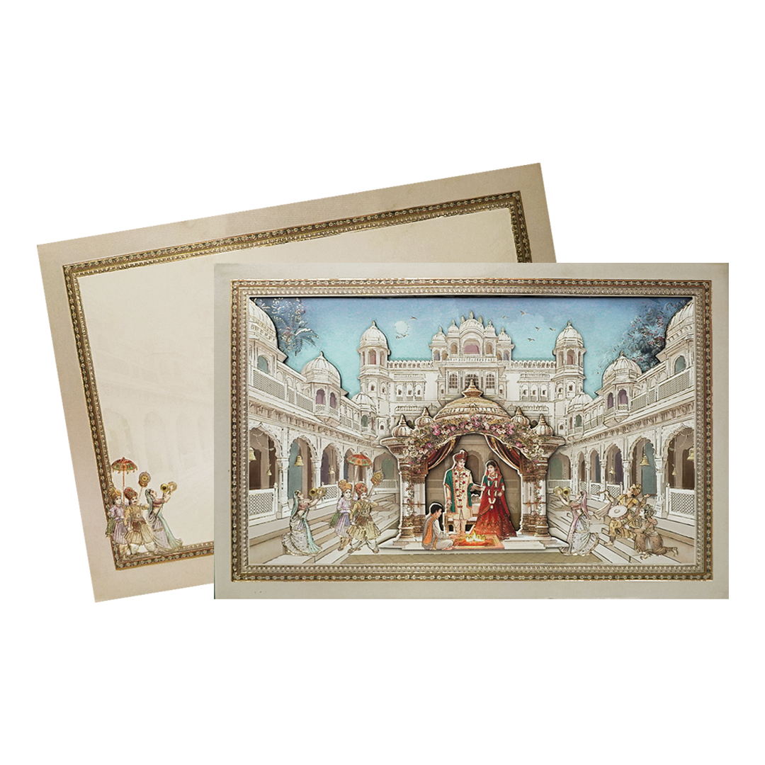 Grey Palace Mandap Padded Wedding Card-KSI64550