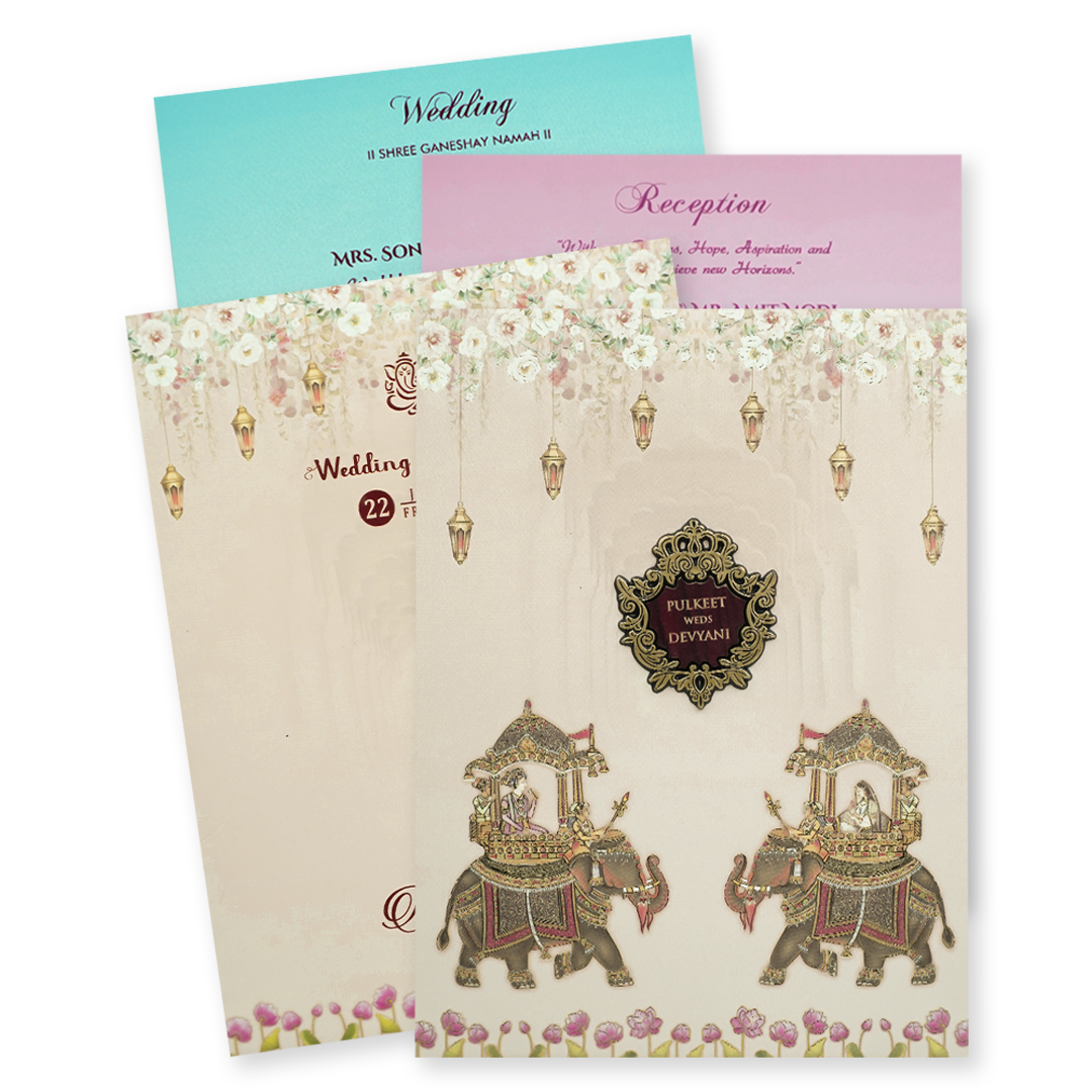 Cream Elephant Procession Padded Wedding Card-KJTS1730