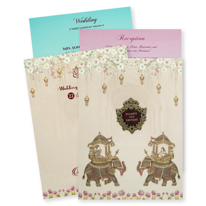 Cream Elephant Procession Padded Wedding Card-KJTS1730