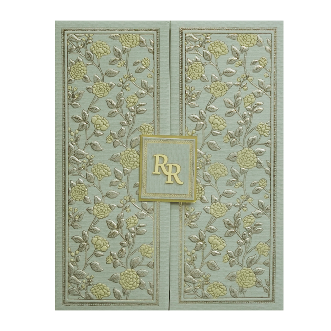 Green Gold Floral Double Door Padded Wedding Card-KMMWD1106