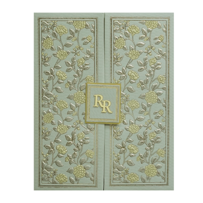 Green Gold Floral Double Door Padded Wedding Card-KMMWD1106
