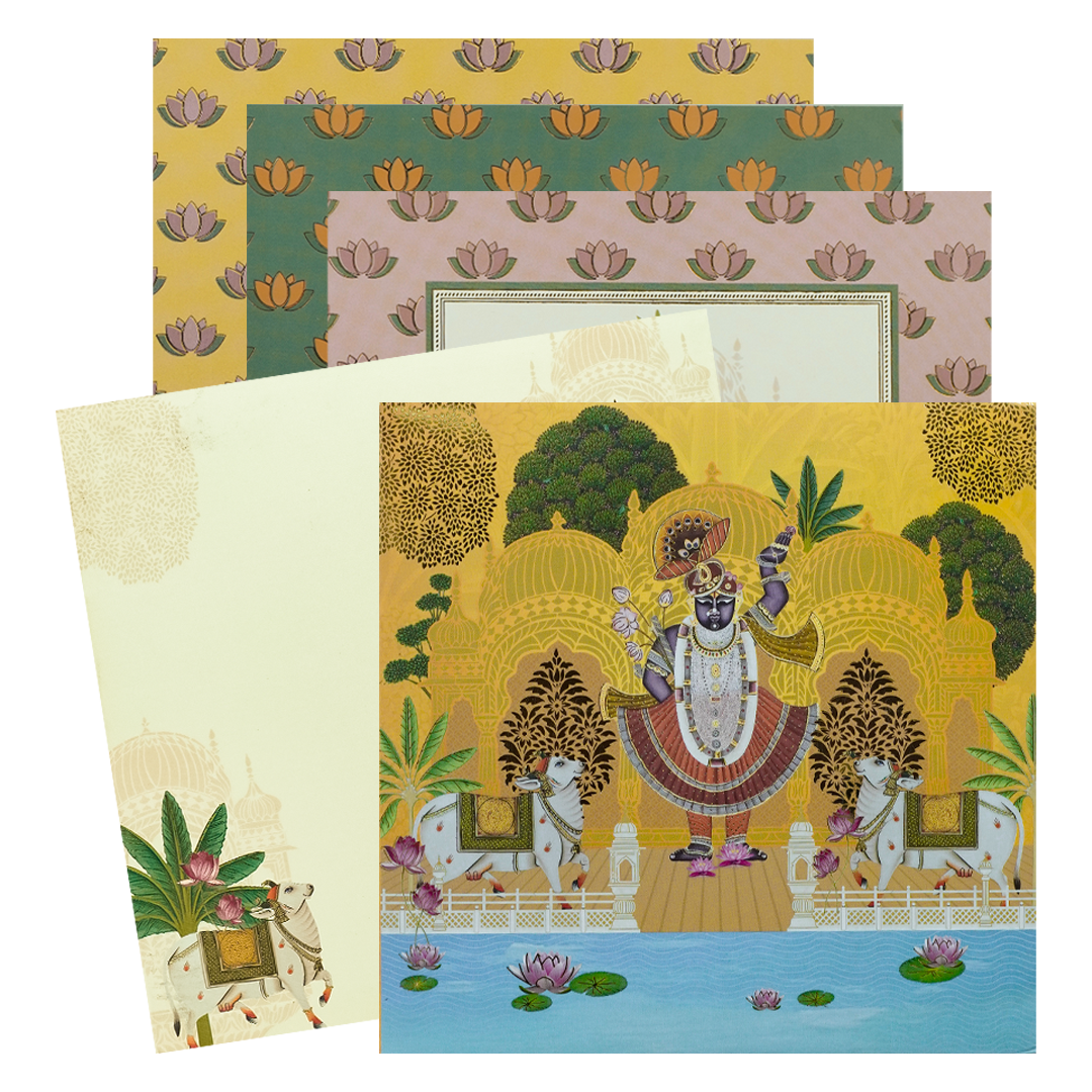 Yellow Lord Krishna Floral Padded Wedding Card - KBM05190