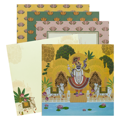 Yellow Lord Krishna Floral Padded Wedding Card - KBM05190