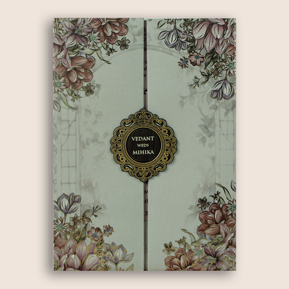 Grey Floral Padded Door Style Marriage Invitation Card - KVN07070