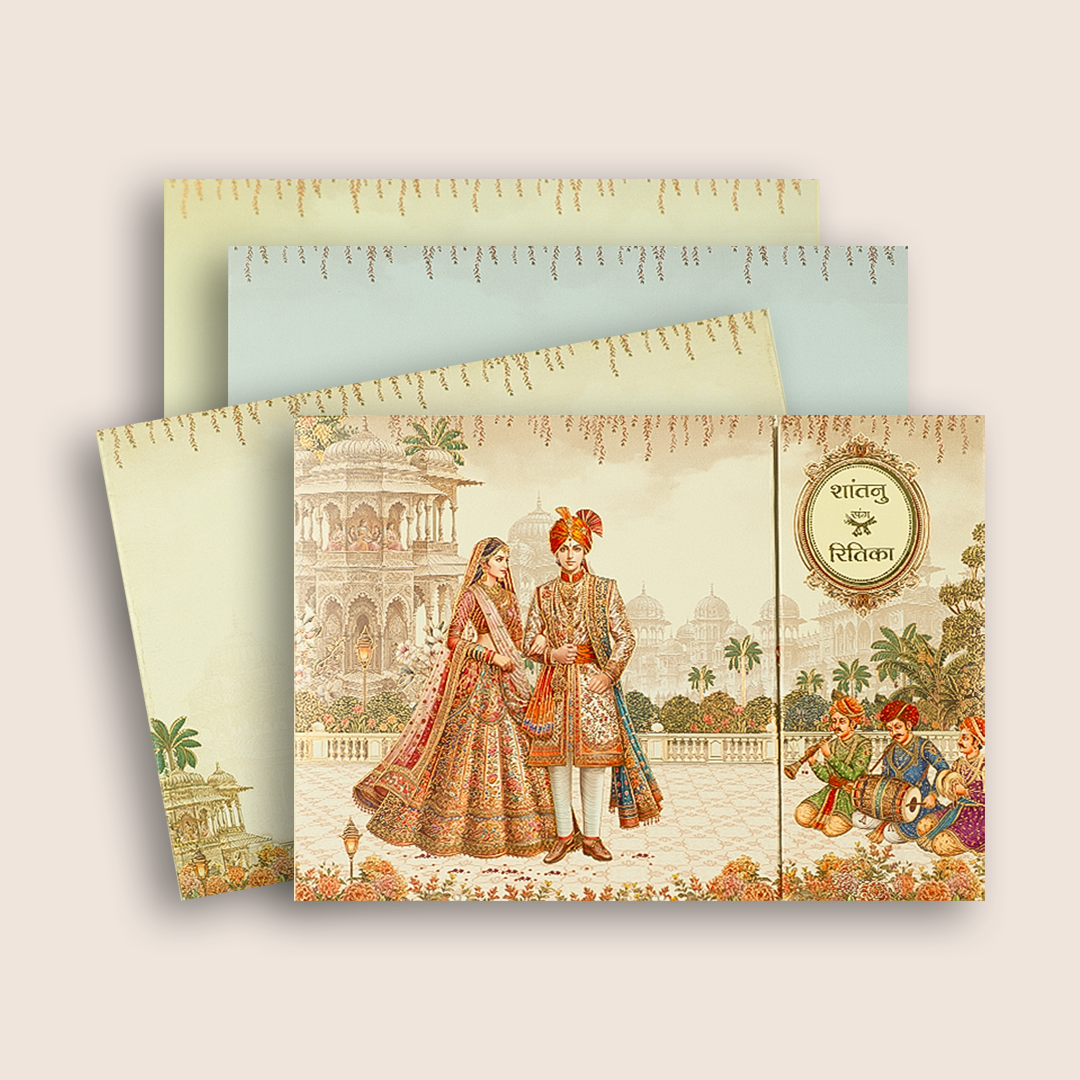 Beige Bride Groom Padded Door Style Wedding Card - KAA06020