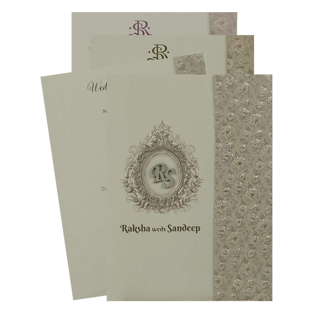 Grey Gold Embossed Floral Wedding Card-KSI64920