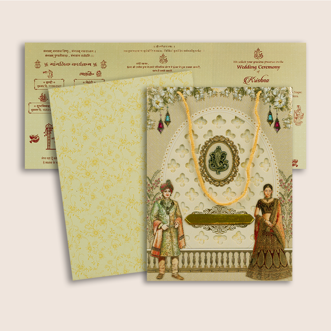 Beige Bride Groom Laser Cut Bag Style Invitation Card - KJTS1840