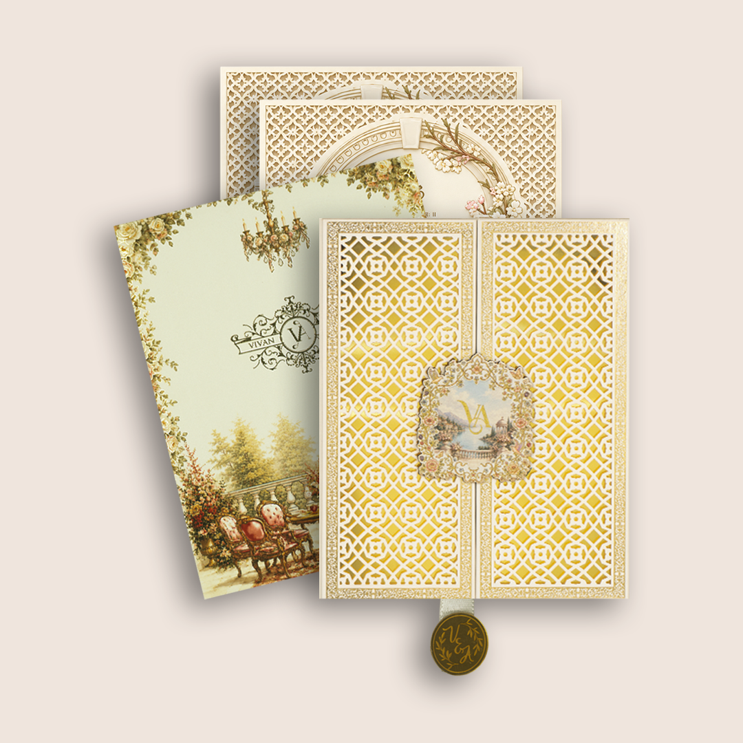 White MDF Laser Cut Floral Premium Wedding Invitation - KNLW202575