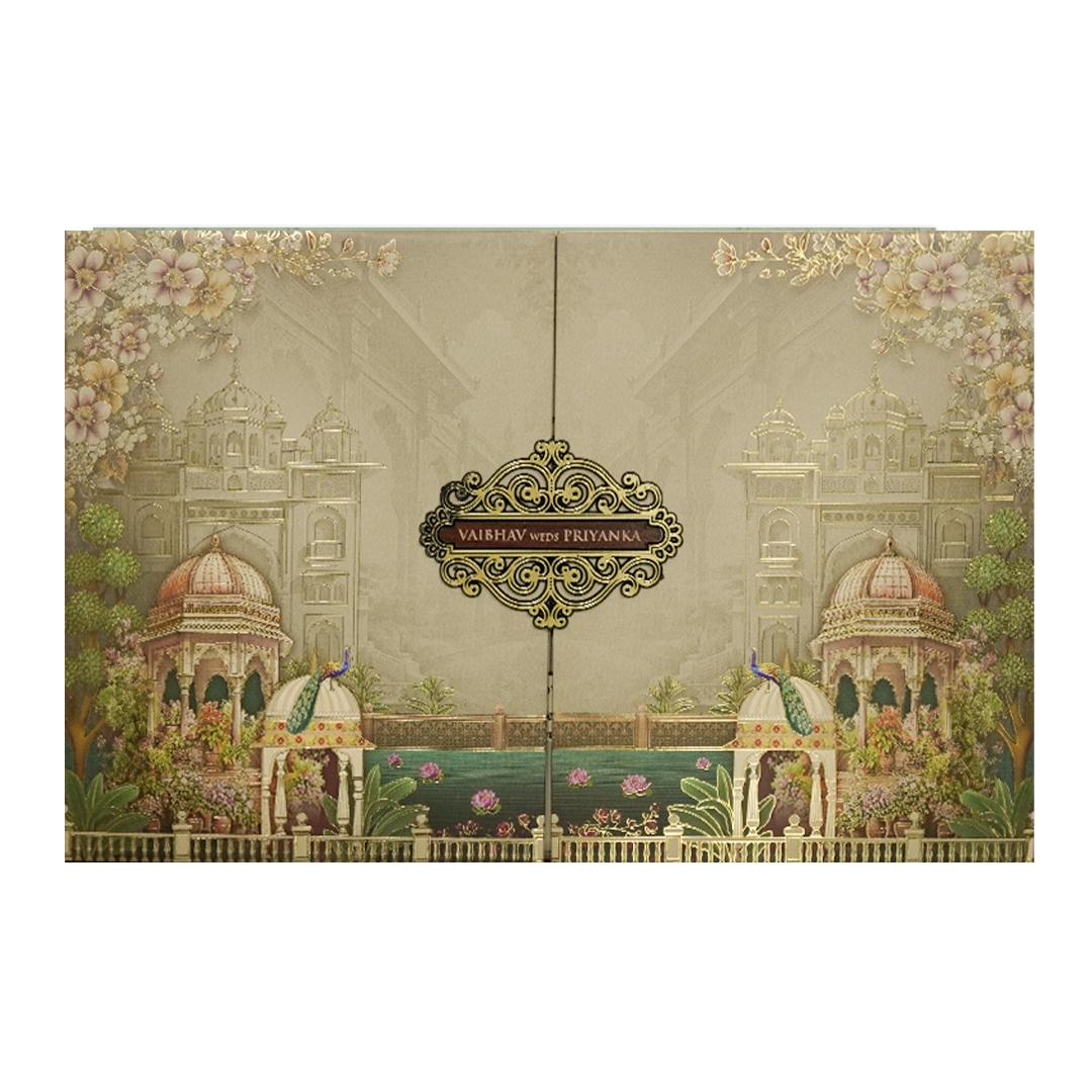 Grey Palace Floral Padded Wedding Card-KSH72180