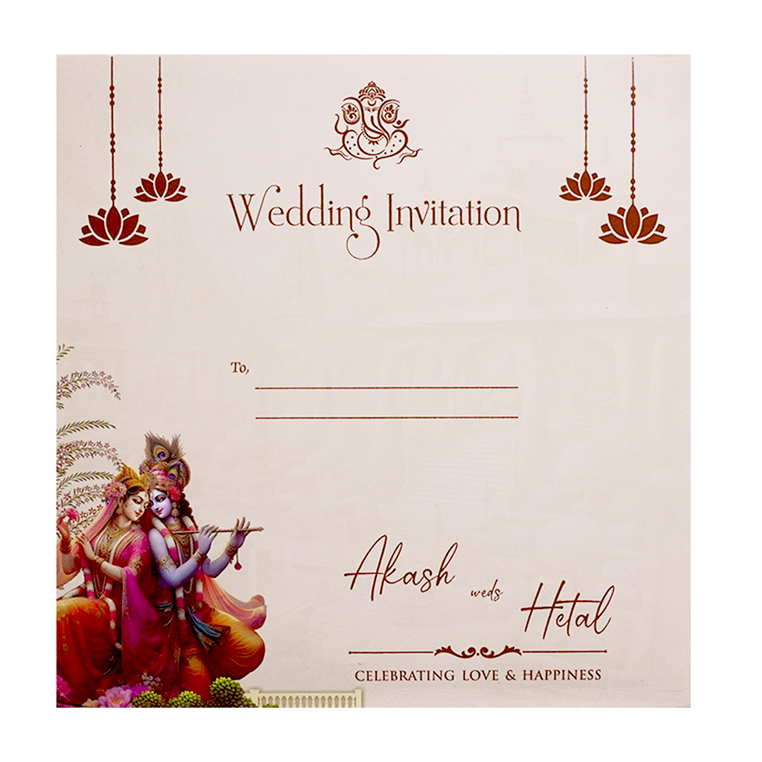 Pastel Brown Krishna Radha Padded Wedding Card - KSH72820