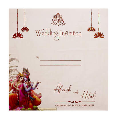 Pastel Brown Krishna Radha Padded Wedding Card - KSH72820