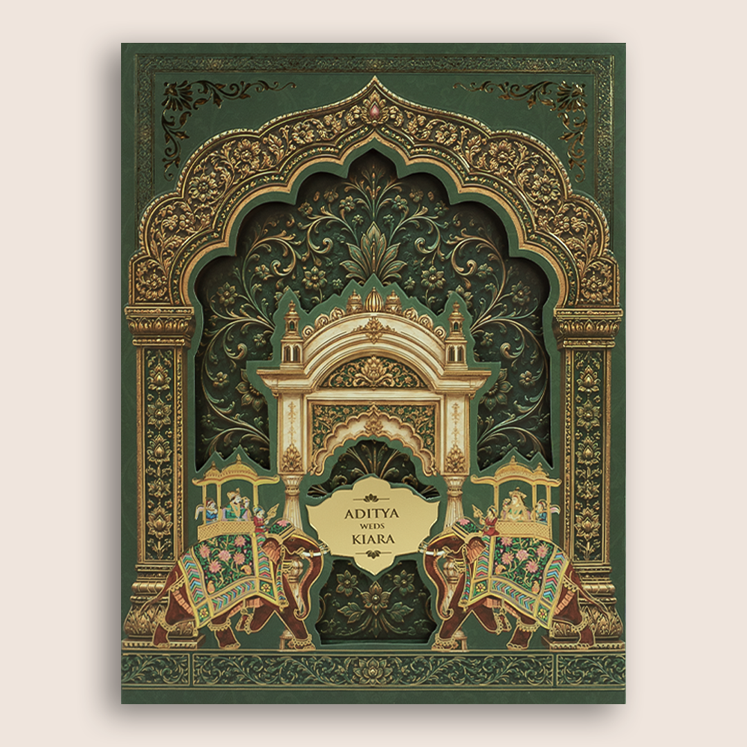 Green Royal Elephant Laser cut Padded Wedding Card - KFR17470