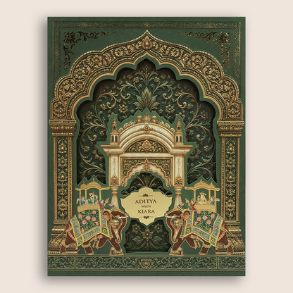 Green Royal Elephant Laser cut Padded Wedding Card - KFR17470