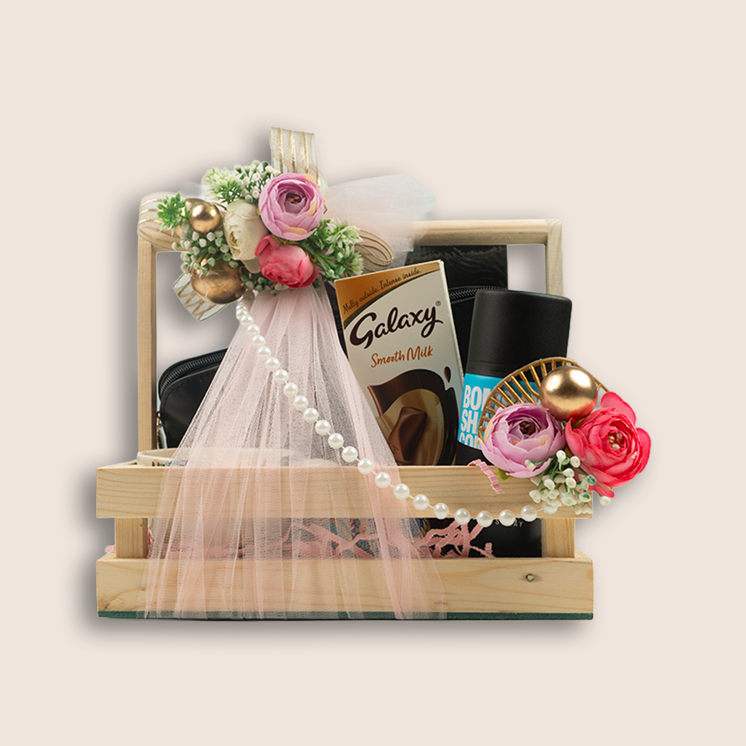 Beige Floral Wooden Gift Hamper Basket - KLGH0140