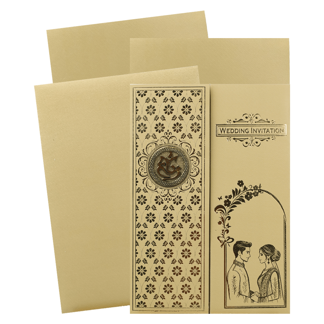Gold Ivory Couple Gatefold Wedding Card-KNCM043GG