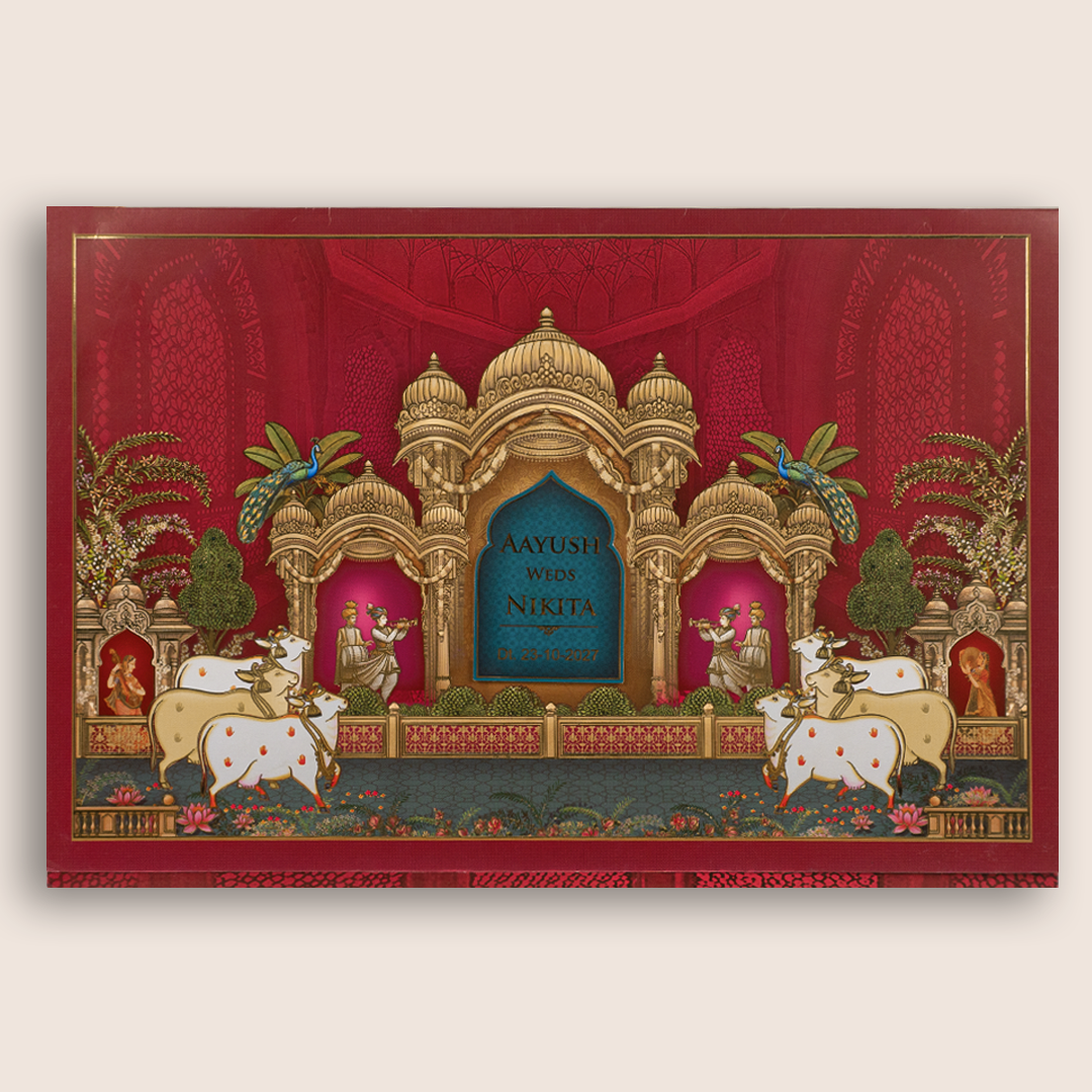Maroon Elegant Palace Wedding Card - KSH73870