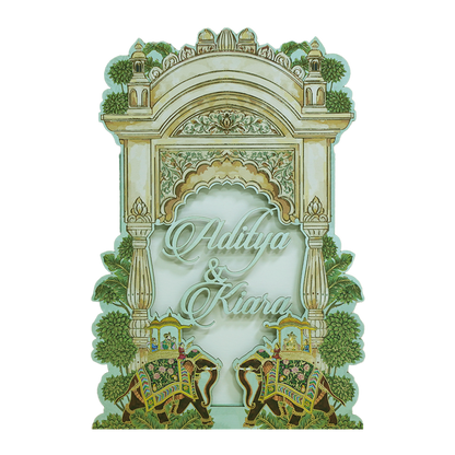Mint Green Palace Elephant Laser Cut Wedding Card - KFR15130