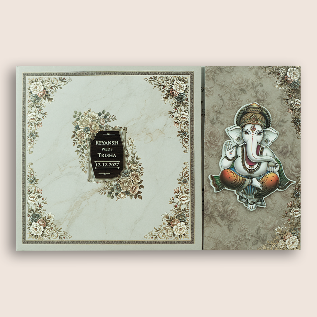 Beige Lord Ganesha Padded Door Style Wedding Card - KSH18160