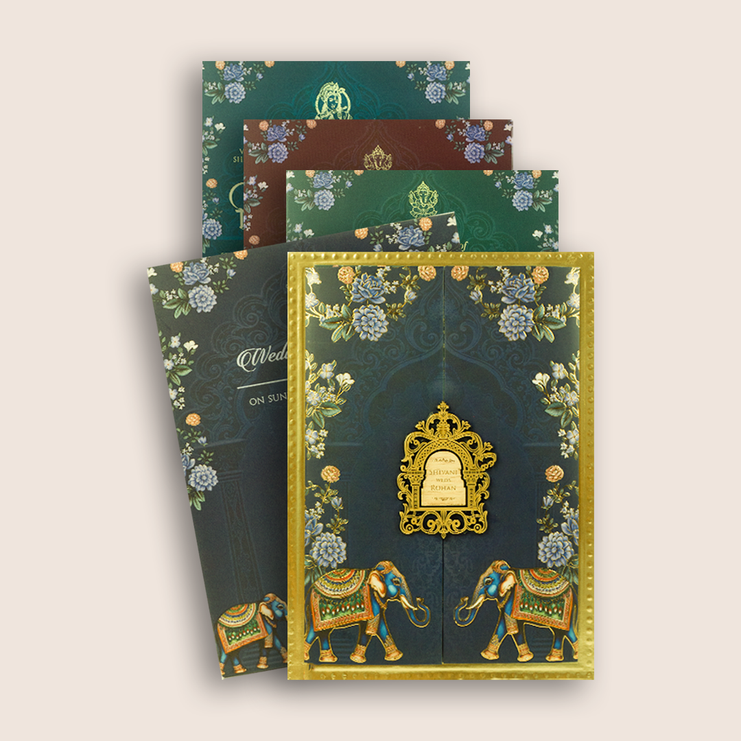 Navy Blue Embossed Elephant Wedding Invitation - KVN07960