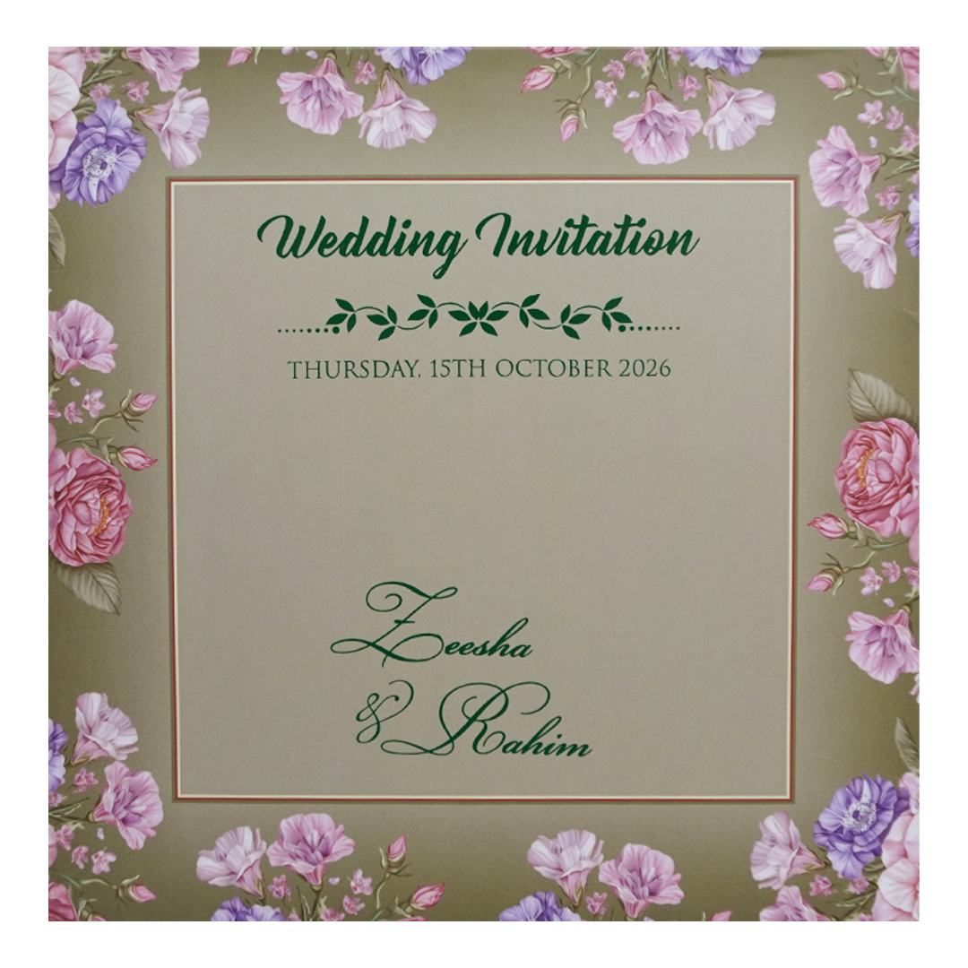 Green Floral Golden Wood Acrylic Padded Wedding Card - KVN07520