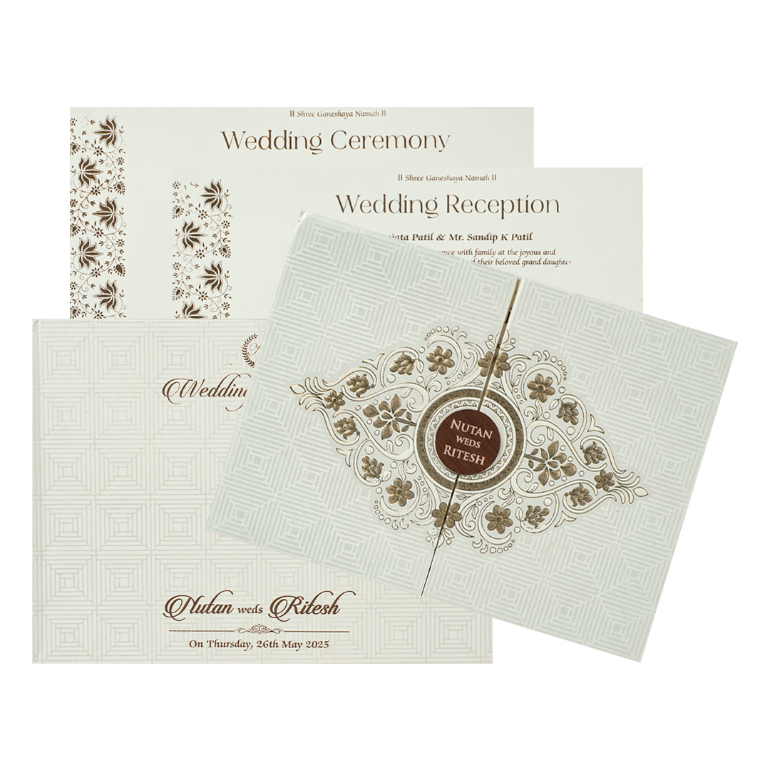 White Gold Embossed Floral Padded Wedding Card-KRE27400