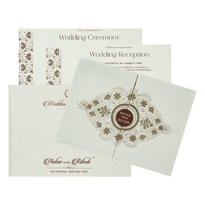 White Gold Embossed Floral Padded Wedding Card-KRE27400