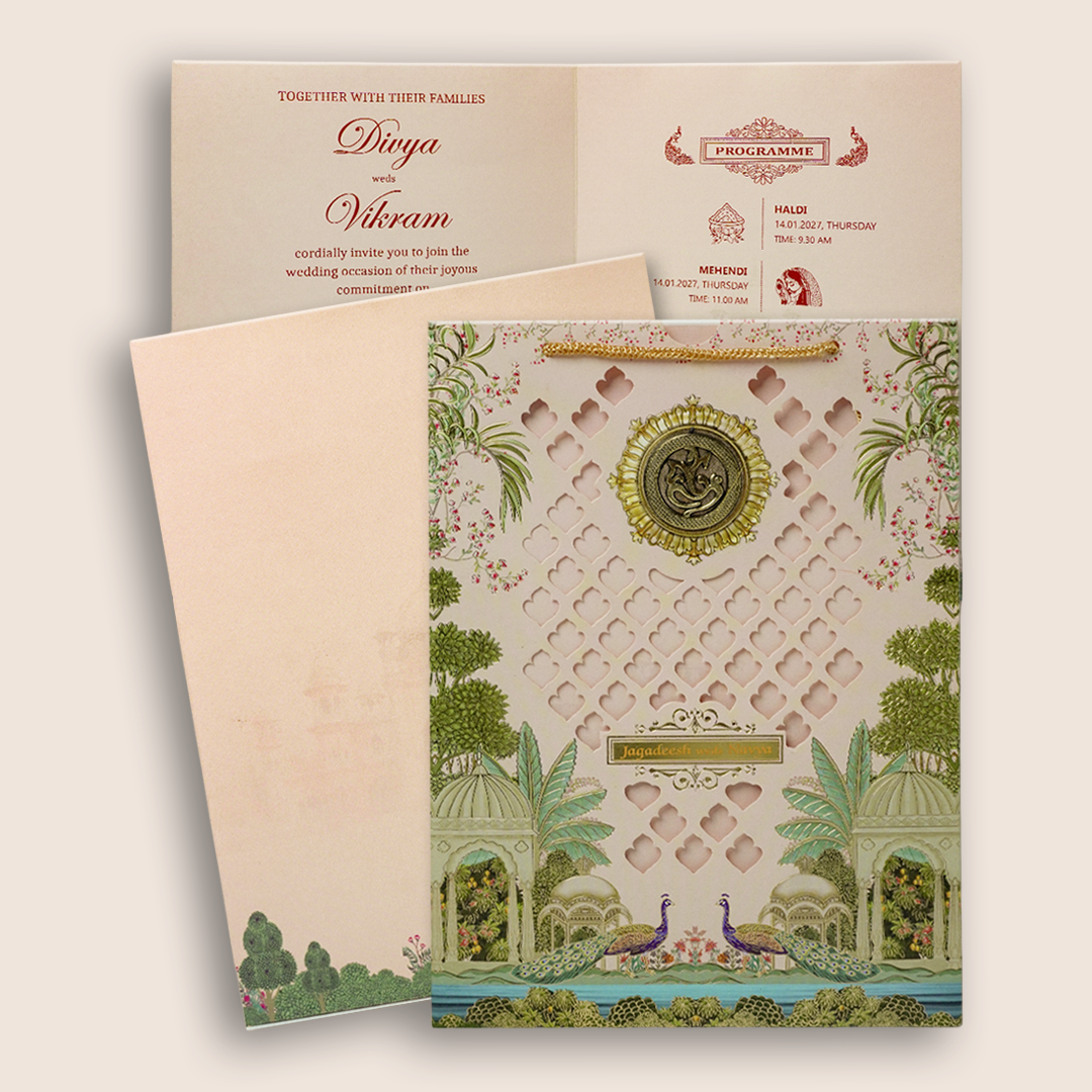 Cream Laser-Cut Bag Style Wedding Card - KNAS3106