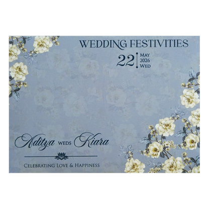 Blue Golden Floral Padded Wedding Card - KFR16400