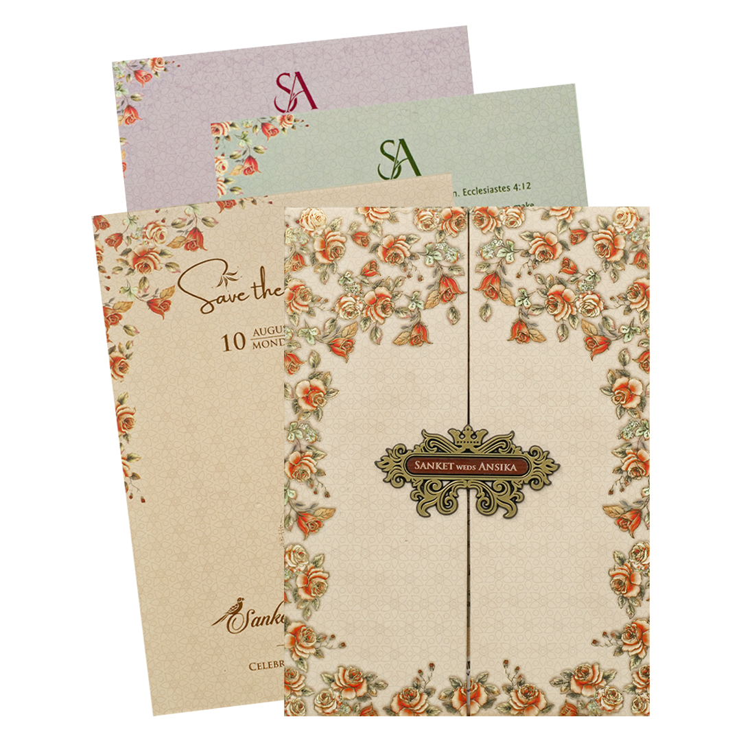 Ivory Floral Padded Wedding Card-KVN07230