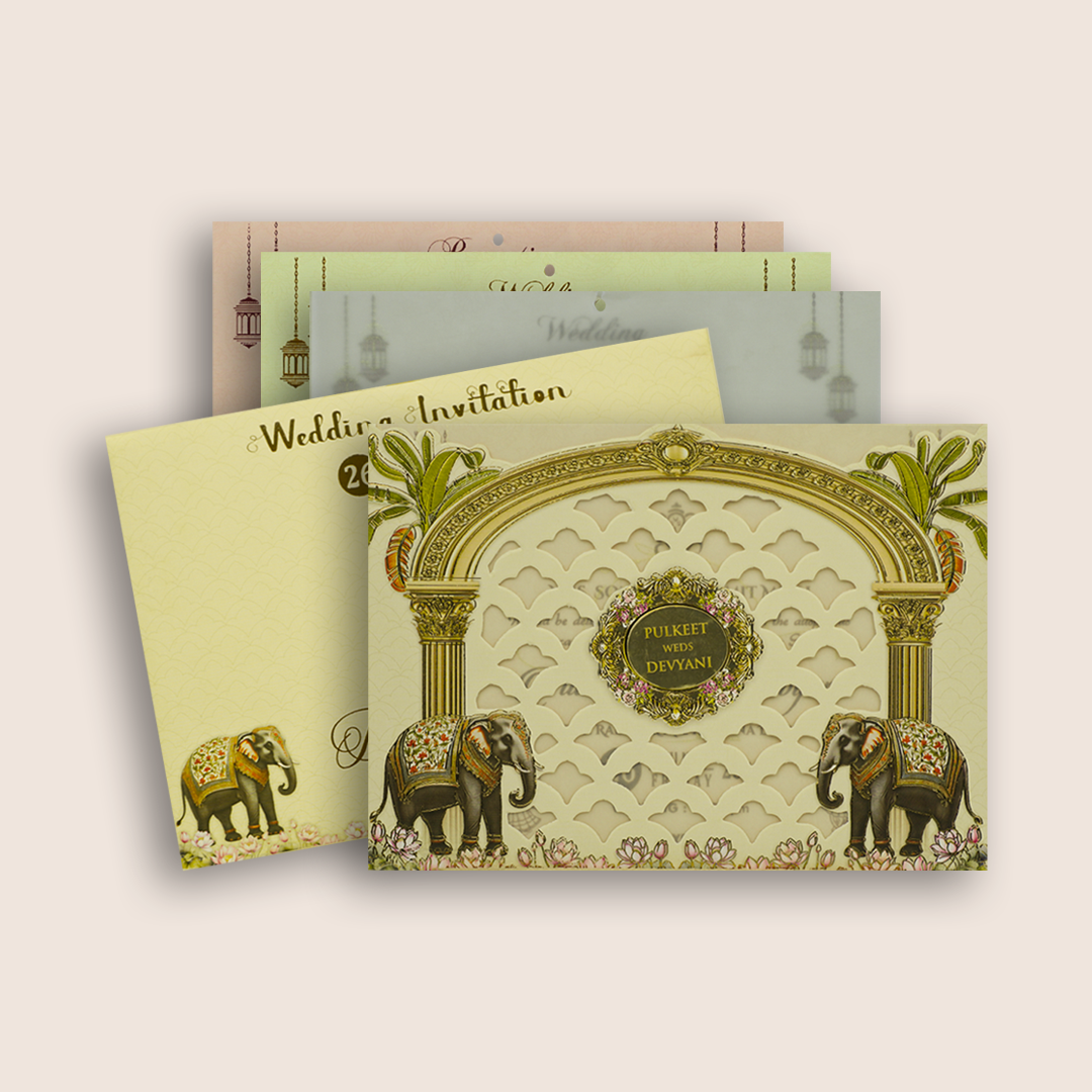 Cream Royal Elephant Laser Cut Wedding Invitation Card - KJTS1812