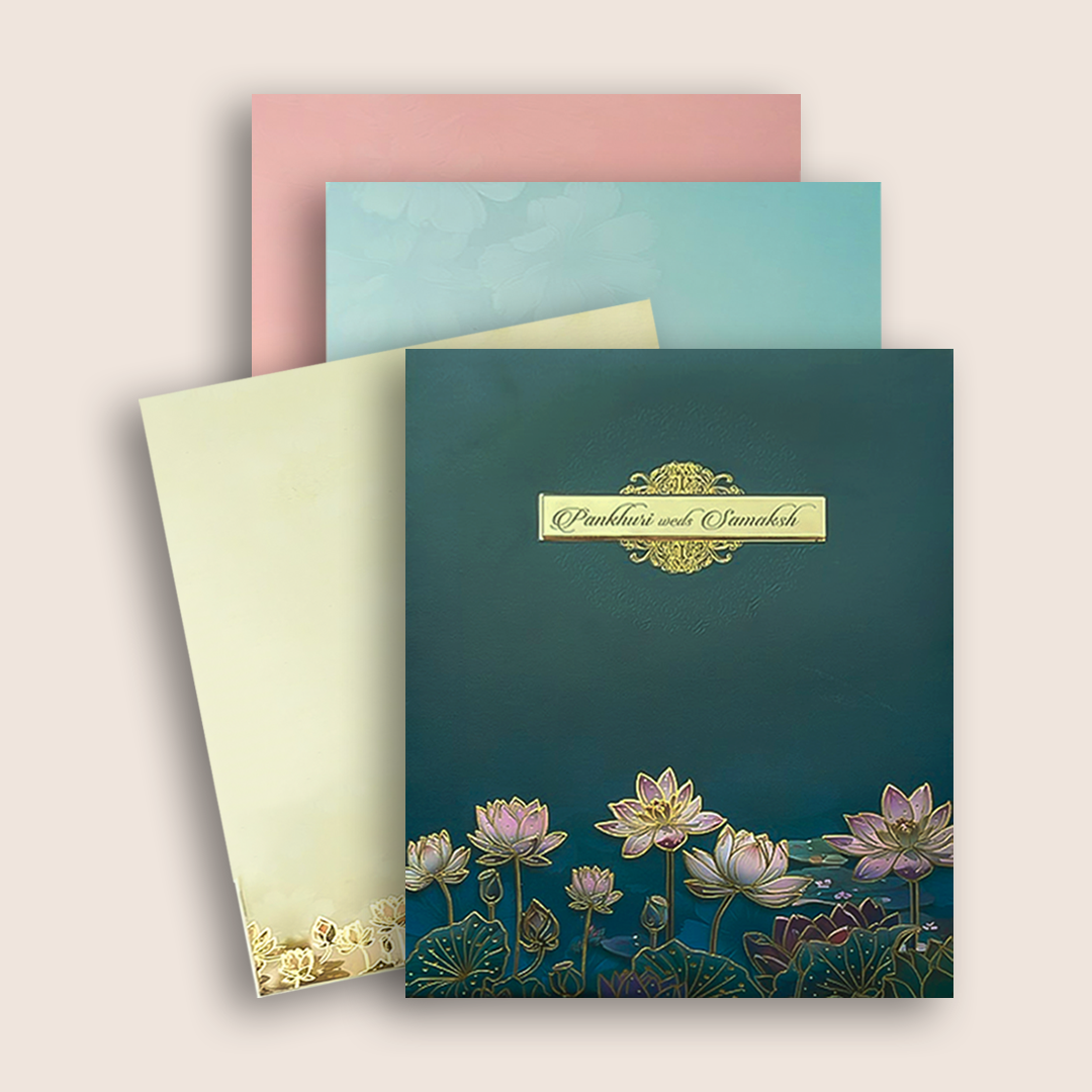 Royal Blue Padded Lotus Wedding Card - KAA06300