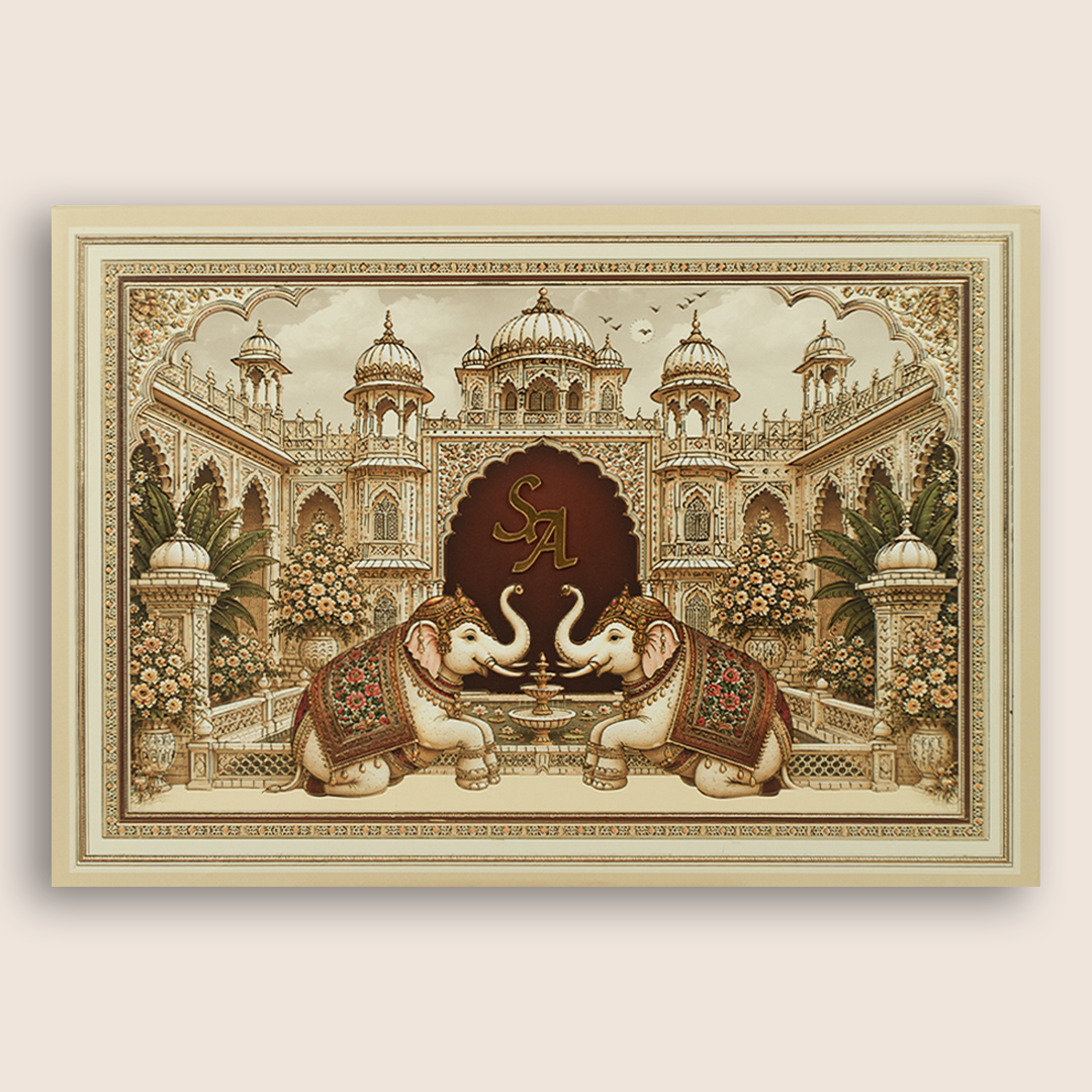 Beige Royal Palace Elephant Padded Wedding Card - KRB10730