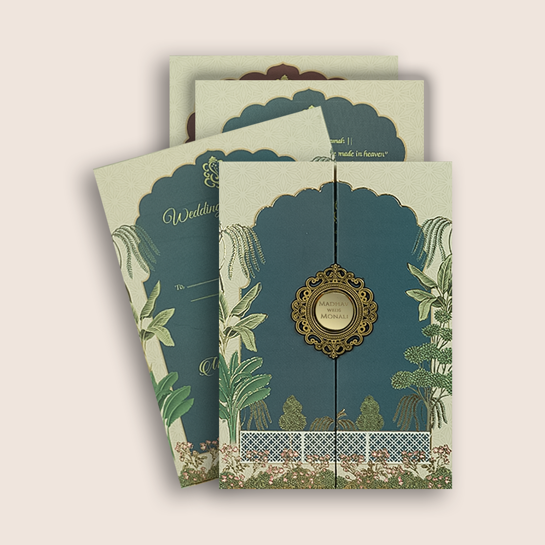 Navy Blue Floral Door  Style Padded Invitation Card - KJTS3676