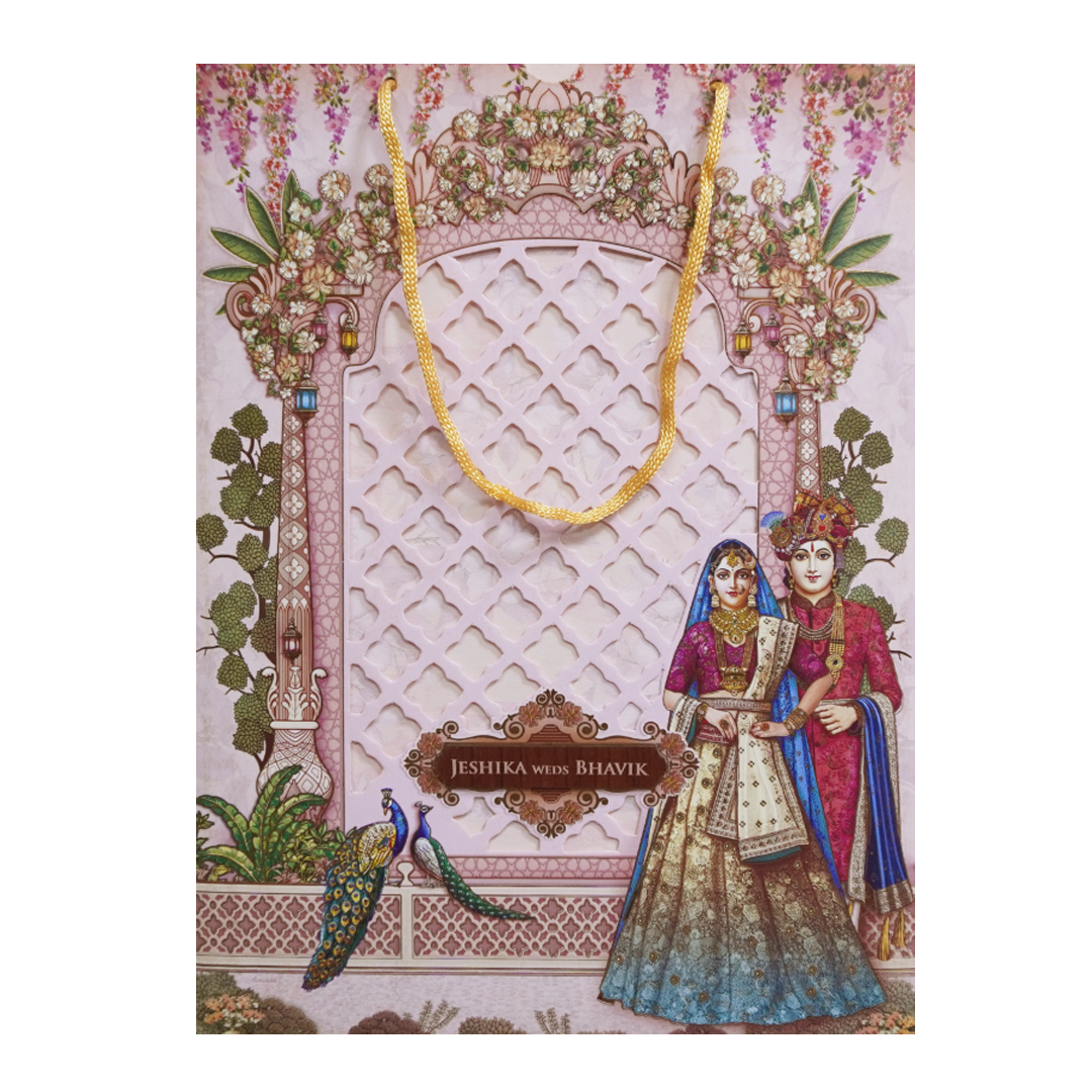 Royal Pink Couple Peacock Bag Wedding Card - KSH73180