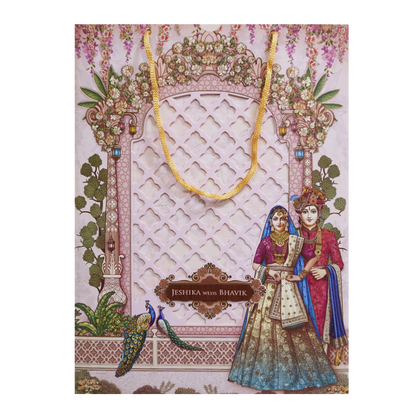Royal Pink Couple Peacock Bag Wedding Card - KSH73180
