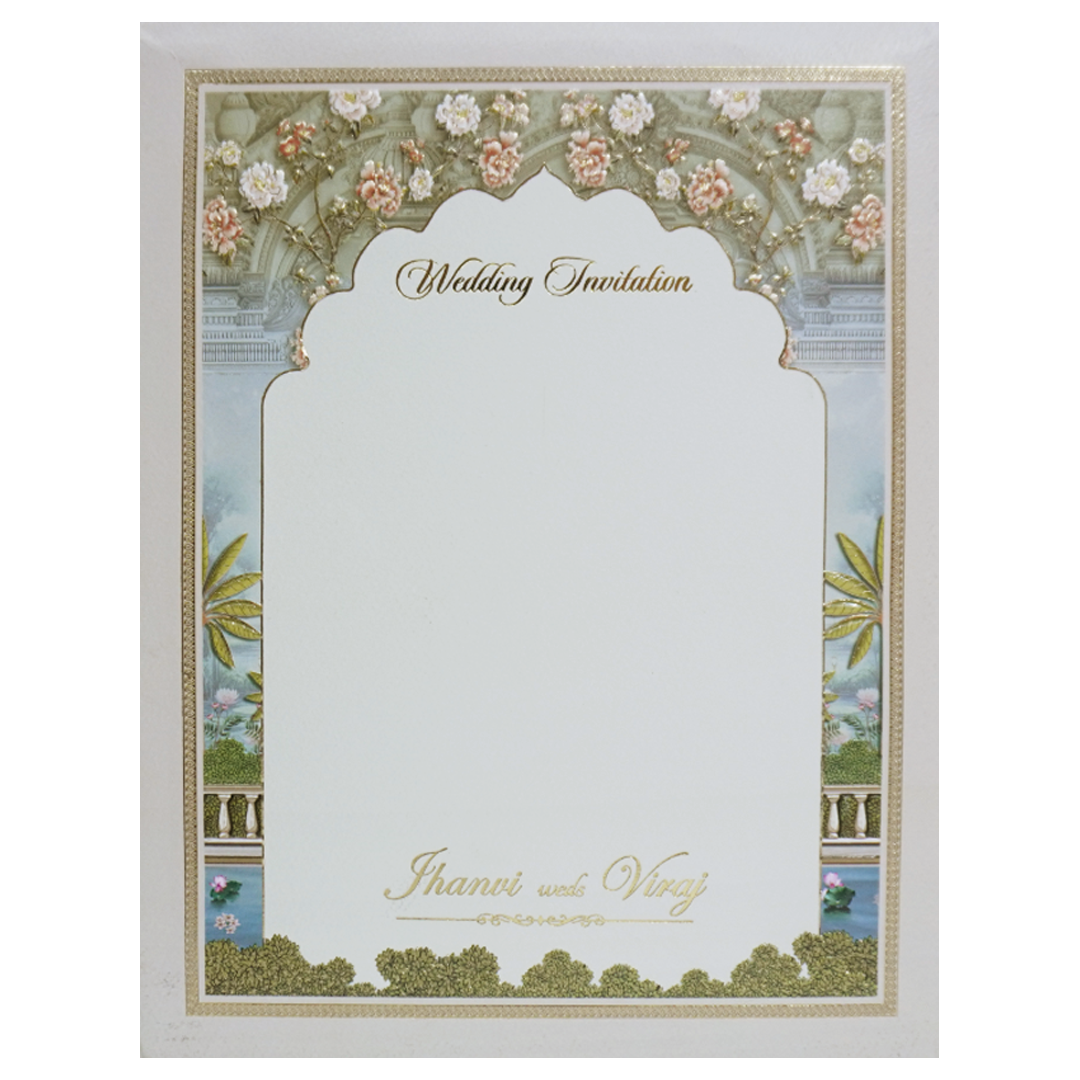 Green Gold Radha Krishna 3D Palace Padded Wedding Card-KMMEX8160