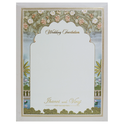 Green Gold Radha Krishna 3D Palace Padded Wedding Card-KMMEX8160