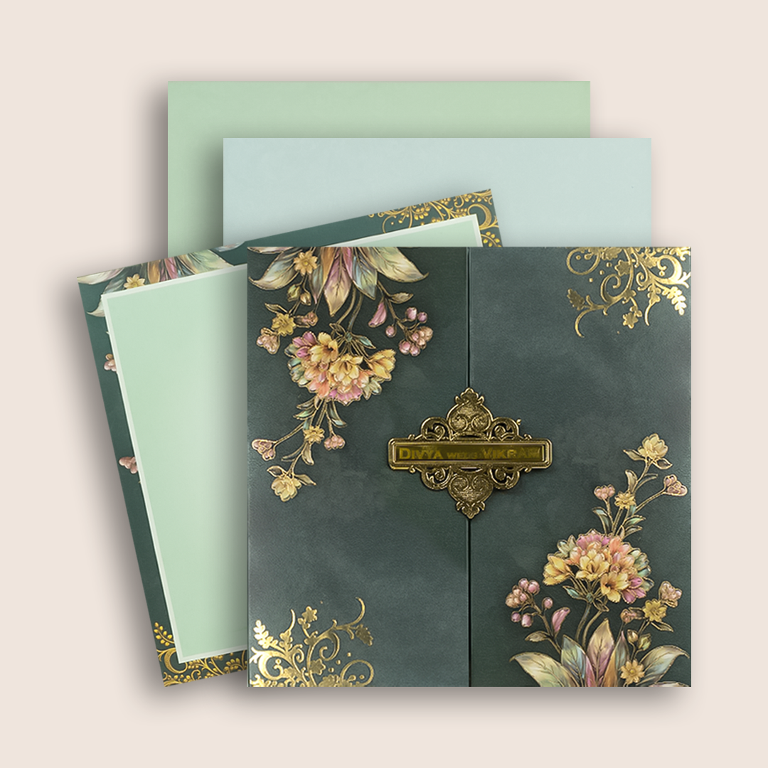 Green Floral Door Style Padded Wedding Card - KNAM4903
