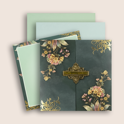Green Floral Door Style Padded Wedding Card - KNAM4903