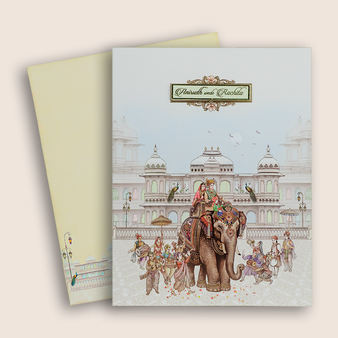 White Royal Elephant Baraat Wedding Card - KAA05140