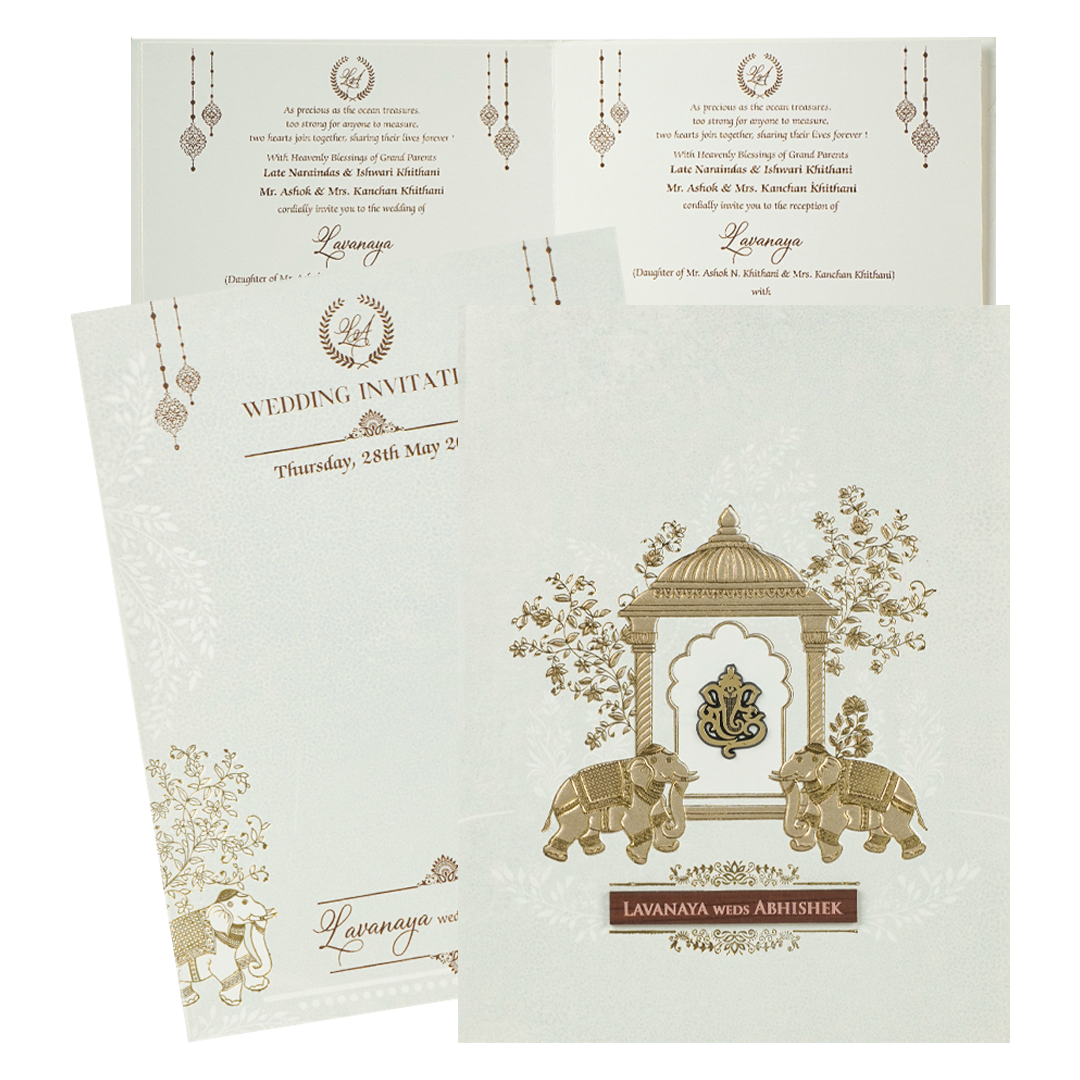 White Ganesha Arch Wedding Card-KRE27780
