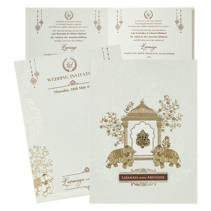 White Ganesha Arch Wedding Card-KRE27780