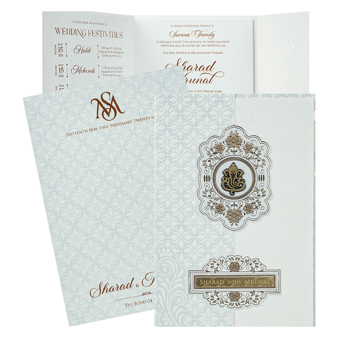White Monogram Ganesha Floral Wedding card-KRE28680
