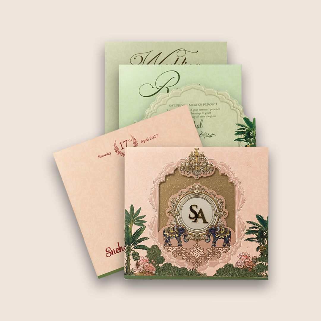 Peach Embossed Elephant Padded Wedding Card - KPR026050