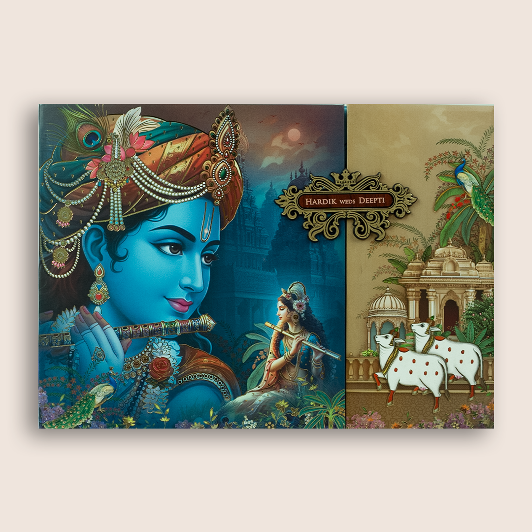 Blue Lord Radha Krishna Padded Door Style Invitation - KSH18190