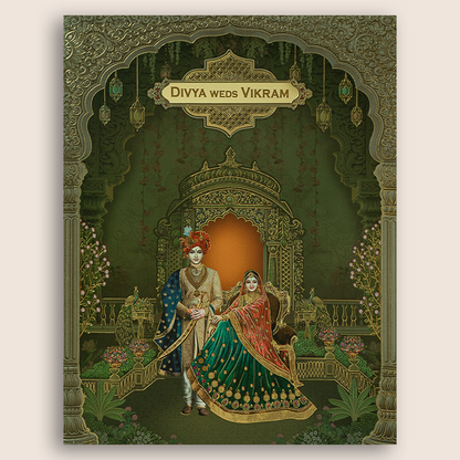 Green Royal Bride Groom Floral Wedding Card - KNKJ1165