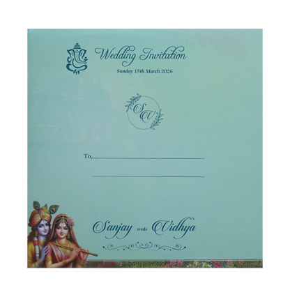 Green Radha Krishna Padded Wedding Card - KSH72750